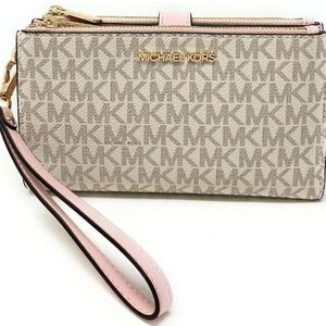Michael Kors Beige Signature Wristlet with Pink Strap and Gold Hardware